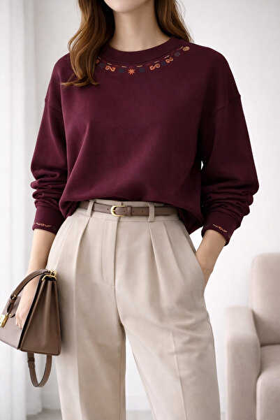 Fit Kalıp %100 Pamuklu Bisiklet Yaka Bordo Renk Temple Sweatshirt