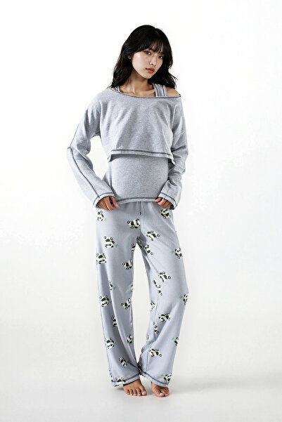 Ecrou Kadın Gri Melanj Panda Desen Waffle 3 Lü Pijama Takım