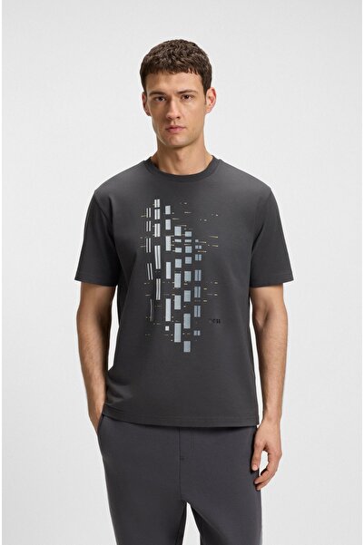 BOSS Erkek Bisiklet Yaka Kısa Kollu Desenli Vücudu Sarmayan Rahat Gri T-Shirt...