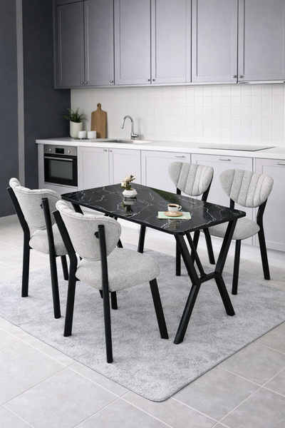 Lumodi Mobilya Masa Sandalye Takımı, 4 Sandalye 1 Sabit Siyah Mermer Desen Ma...
