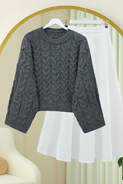 Modamorfo Knitted Patterned Casual Crop Knitwear Sweater - Smoked