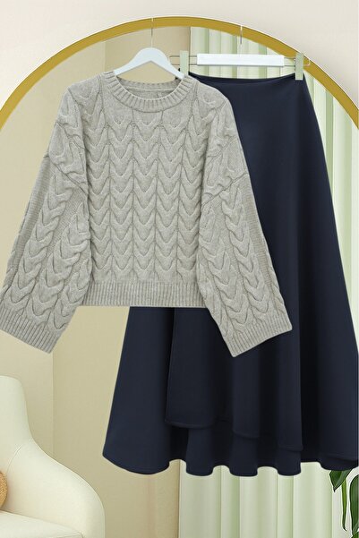 Modamorfo Knitted Patterned Casual Crop Knitwear Sweater - Stone