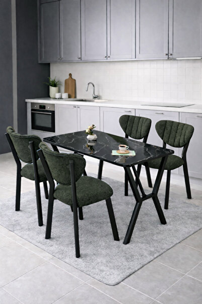 Lumodi Mobilya Masa Sandalye Takımı, 4 Sandalye 1 Sabit Siyah Mermer Desen Ma...