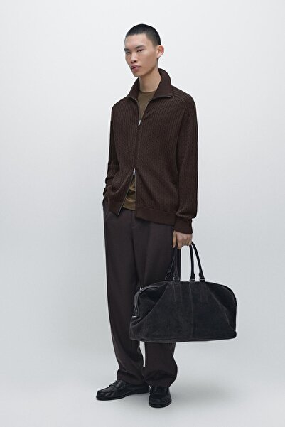 Massimo Dutti Fermuarlı örgülü triko pamuklu hırka