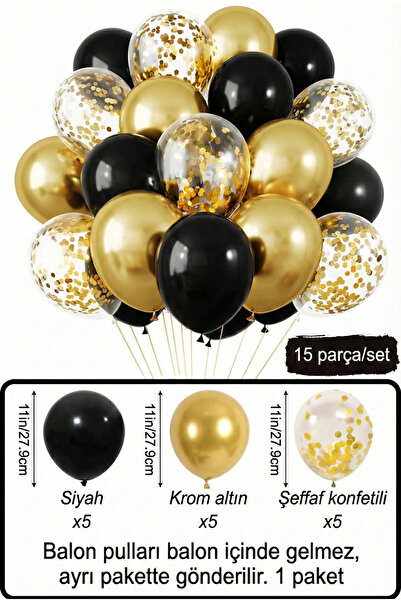 Bunloon Siyah Krom Altın Şeffaf Konfetili Balon Seti 15 Parça 11 inç