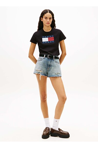 Tommy Jeans Yuvarlak Yaka Desenli Siyah Kadın T-Shirt TJW REG TJ FLAG SS TEE