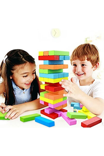 TREND Renkli Büyük Boy Doğal Ahşap Denge Oyunu Kule Oyunu Renkli