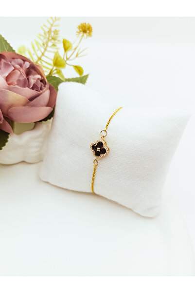 stainles steel Siyah Taşlı Altın Renk Pandola Yonca Çelik Bileklik