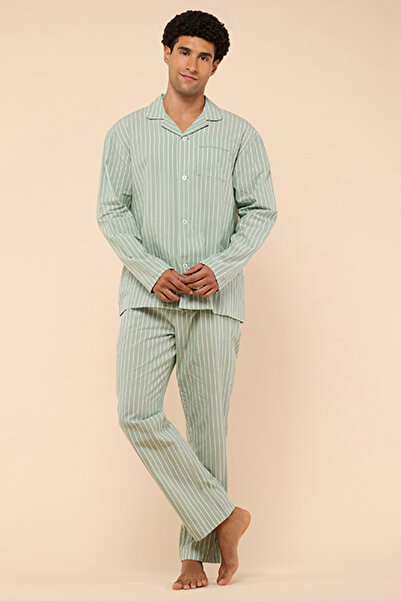 R&B Men's Green Striped Pyjama Set