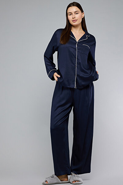R&B Women's Dark blue Solid Lapel Collar Pyjama Set