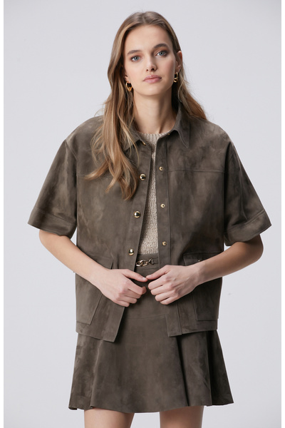 Network Haki Cepleri Aksesuarlı Süet Deri Mont