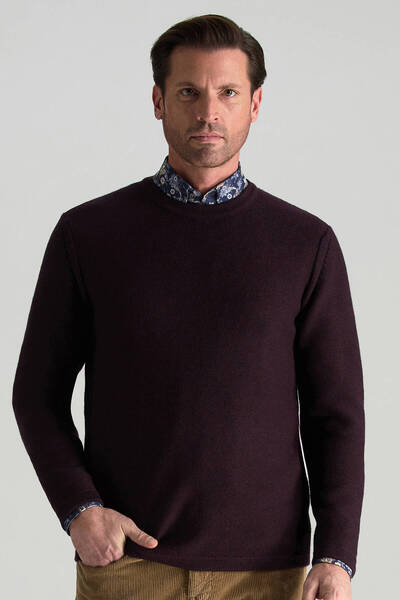 Hemington Merino Yünü Şerit Detaylı Bisiklet Yaka Bordo Triko Kazak