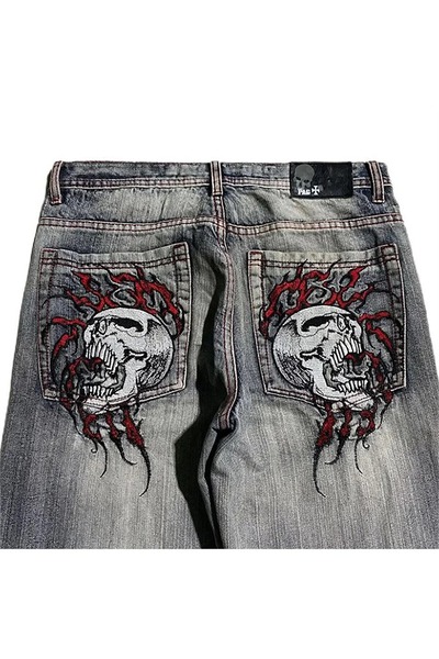 Gofeel Pantaloni din denim spălați stil streetwear Double Fire Skull