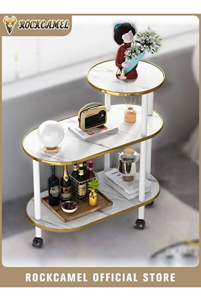 ROCKCAMEL طاولة جانبية بثلاثة أرفف مزودة بعجلات