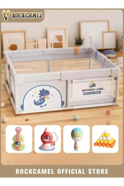 ROCKCAMEL سياج حظيرة لعب للأطفال مع 3 ألعاب للأطفال الصغار و60 كرة بحرية، مرك...