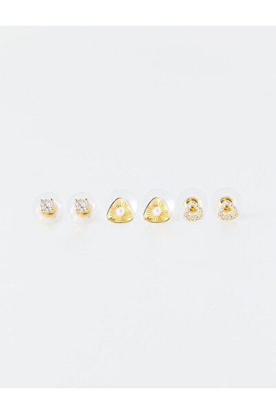 Jimmy Key Altın Rengi Kalp Detaylı Parlak Taşlı Küpe Seti