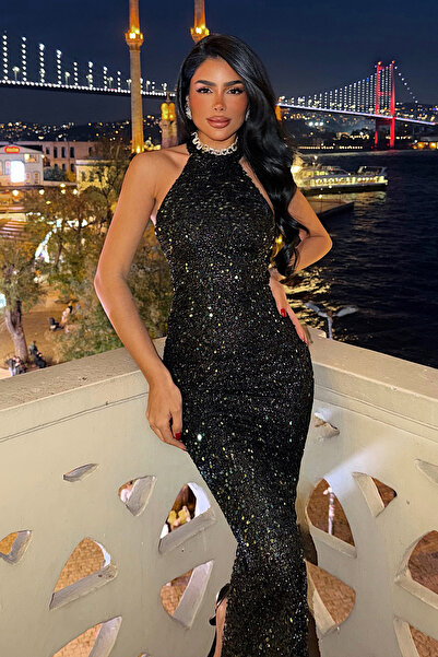 Eyyo Green Shion Sequined Halter Neck Long Dress Ate-4372