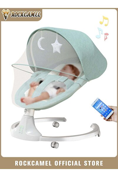 ROCKCAMEL كرسي هزاز متحرك للأطفال الرضع، كرسي هزاز محمول بتقنية بلوتوث مع جها...