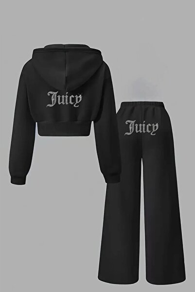 Gofeel Kadın Juicy Kristal Taş Baskılı Eşofman Takımı Hoodie Crop Sweatshirt ...