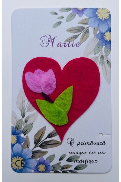 Creatii fetru Inimă din pâslă cu trandafir roz – Mărțișor lucrat manual