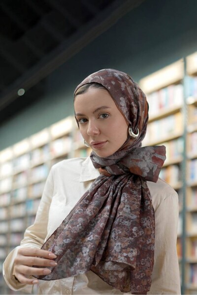 Ayshara Violet Floral Patterned Double-Sided Shawl - Brown