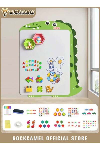 ROCKCAMEL Magnetic Drawing Board for Wall, 90x118cm Dinosaur-Themed Whiteboard
