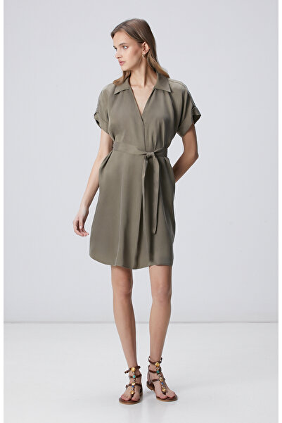 Network Haki Beli Kuşaklı Midi Cupro Elbise