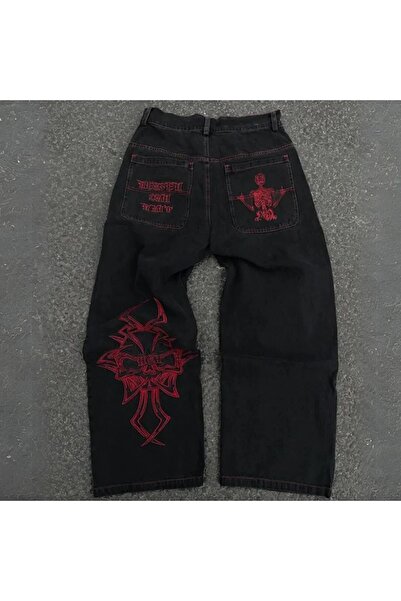 Gofeel Pantaloni din denim spălați stil streetwear Double Fire Skull