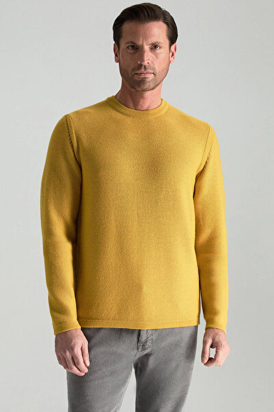 Hemington Merino Yünü Şerit Detaylı Bisiklet Yaka Sarı Triko Kazak