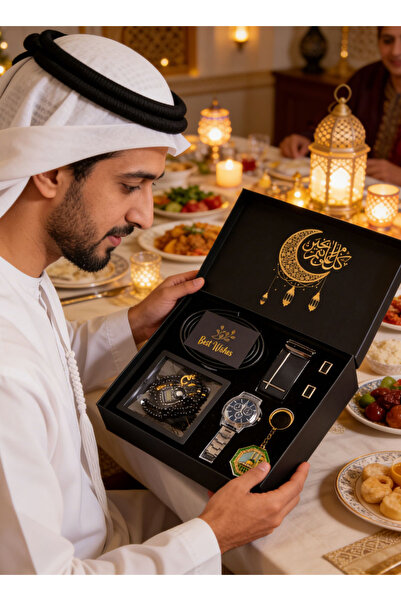 Pomefar طقم هدايا رمضاني للرجال - ساعة، حزام، مسبحة، أزرار أكمام، سلسلة مفاتي...