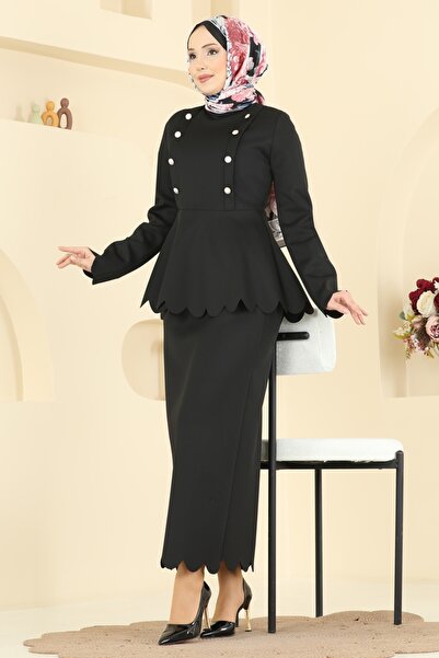 ModaMerve Gold Düğmeli Scuba Takım 2808SL432-MS Siyah