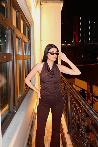 KECHİ WOMAN Diving Fabric Halter Neck Blouse with Stones