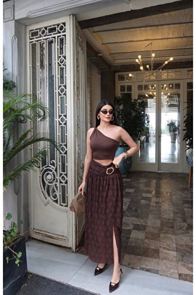 KECHİ WOMAN Lace Long Skirt with Gold Accessories