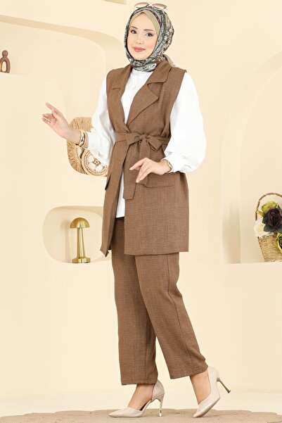 ModaMerve Yelekli Sofia Üçlü Takım 2456HBS856-MS Açık Kahve