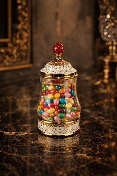 tutku home Porselen Detaylı Cam Kavanoz, Drajelik - 500 Ml