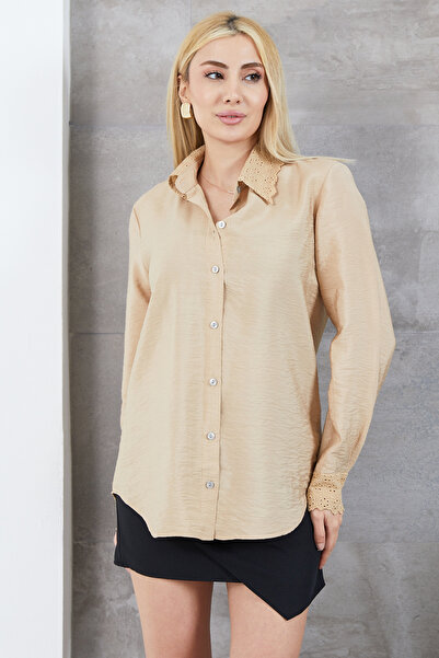 zenne Güpür Detaylı Gömlek Sütlü Kahve
