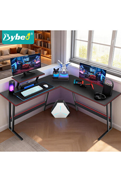 BYBEO مكتب كمبيوتر زاوية، طاولة ألعاب على شكل حرف L مع حامل شاشة قابل للفصل، ...