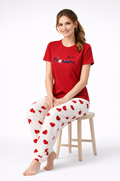 sleeproom Women's Heart Patterned Red Pajama Set – Soft Cotton Loungewear