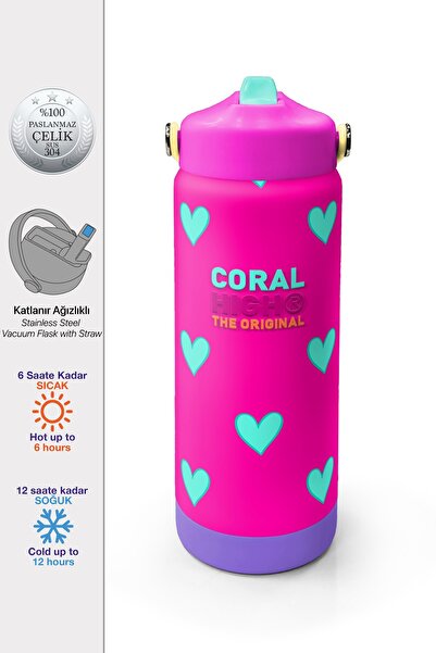 Coral High Neon Pembe Su Yeşili Kalp Katlanır Ağızlıklı Çelik Termos 650 ml 3...