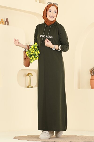 ModaMerve Yazı Baskılı İki İplik Elbise 717PM271-MS Haki