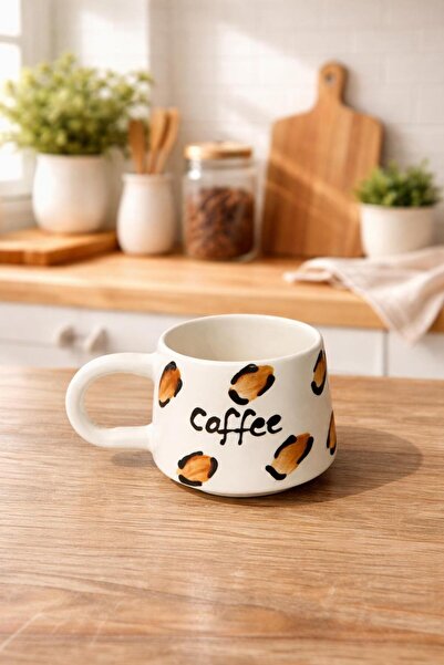 CEYU SERAMİK Coffee Yazılı Leopar Desenli El Yapımı Seramik Kupa