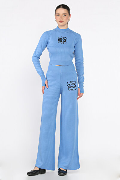azragül giyim Women's Embroidered Crop Sweater Pants Knitwear Two-Piece Set