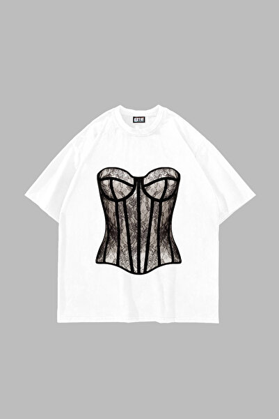 Sekizbiraltı Tricou alb unisex supradimensionat cu imprimeu Fit Corset