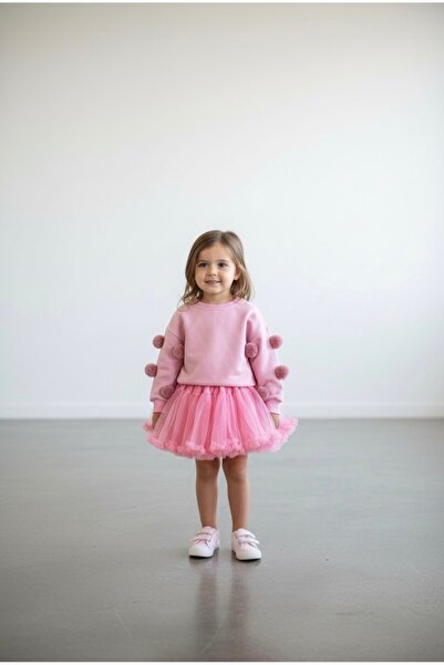 Leni Kids Pembe ponponlu sweatshirt tütü etek takım