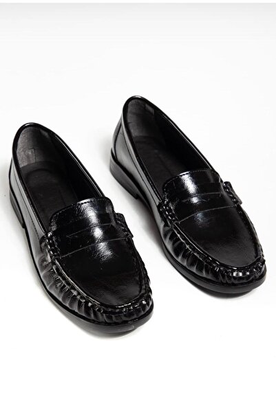 senzora Pantofi de damă din piele neagră lacuită, tip mocasin, casual, cu tal...