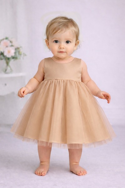 SUNEH Baby Girl Tan Robe Mini Dress Birthday Satin Dress