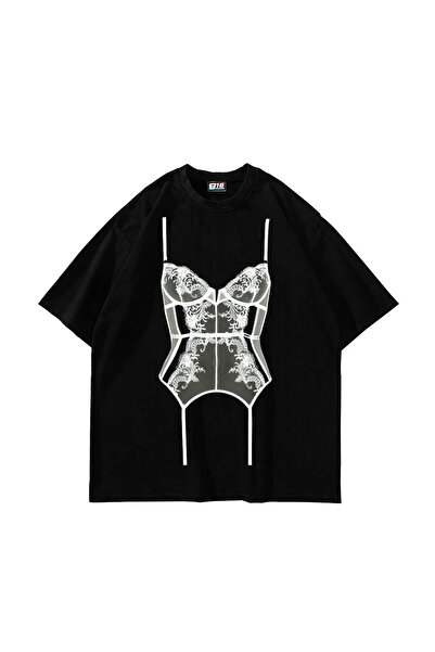 Sekizbiraltı Lingerie Printed Oversize Unisex Black Tshirt