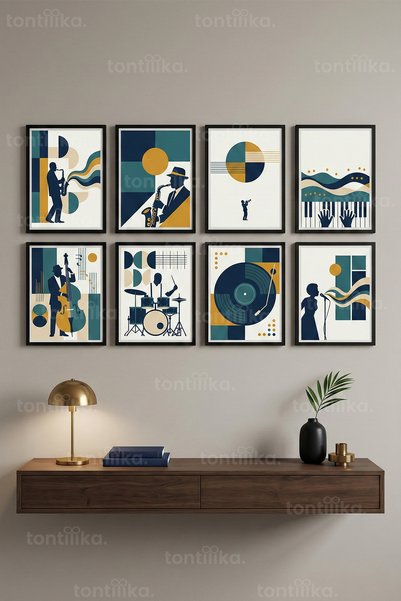 Tontilika 8 Parça Retro Caz Müzik Dekoratif Çerçeve Görünümlü Tablo Seti - Re...