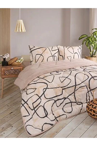 Çetinhome Double Patterned Welsoft Quilt Set (Without Sheets) Effect Beige