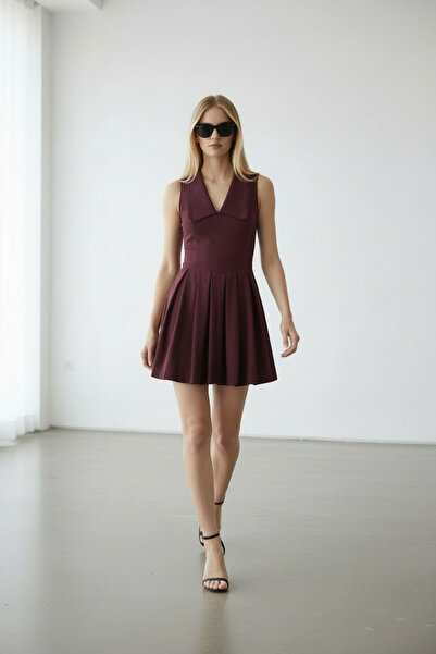 Vireo Club Women's Black Collar Detailed Pleated Mini Dress